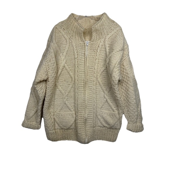 Vintage Sweaters - Vintage‎ Hand Knit Chunky Wool Cream Full Zip Sweater Cardigan Cable Womens L/XL